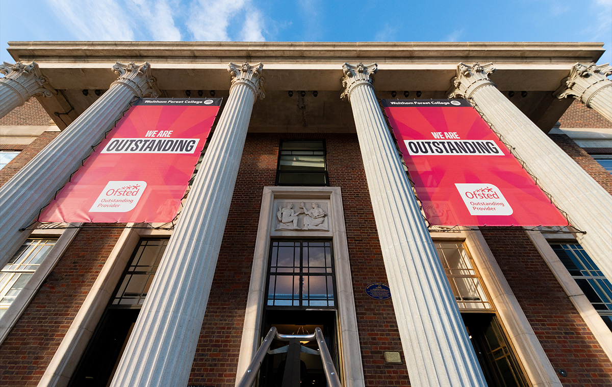 Main entrance to Waltham Forest College, featuring Ofsted Oustanding banners