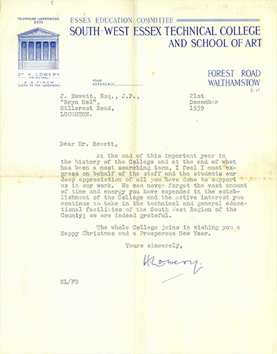 letter from principal lowery to joseph hewett december 1939